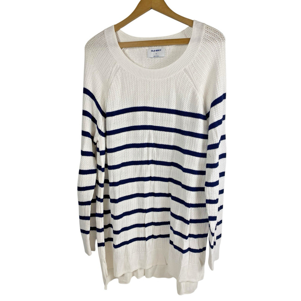 Old Navy Sweater Breton Stripe White Blue Coastal Preppy Tunic Women Size 2X XXL